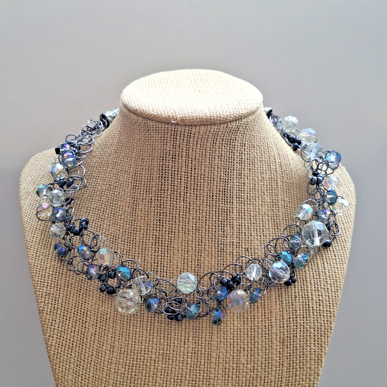 Handmade Glass Necklace Ab And Clear Beads Bib Chocker Adjustable Necklace 18.5″