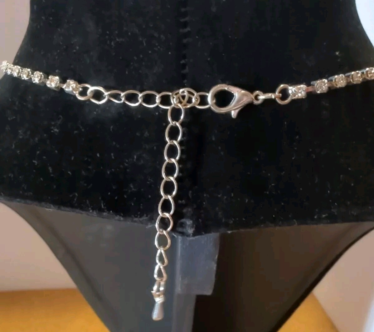 Rhinestone Necktie Silver Tone Necklace 16″ + 7″ Sparkly Dangle Tie Valentines