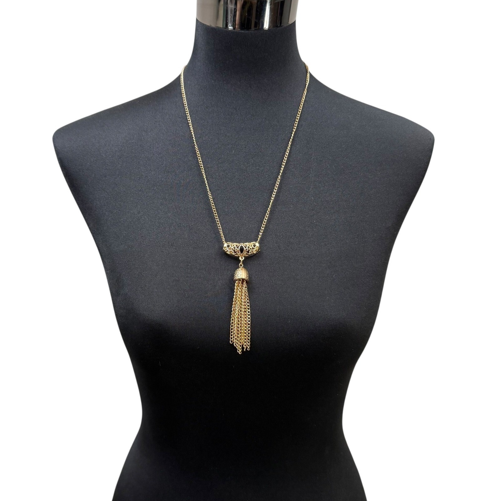 Gold Tone Fringe Tassel Pendant Necklace Chain Statement Fashion Jewelry 15 in L
