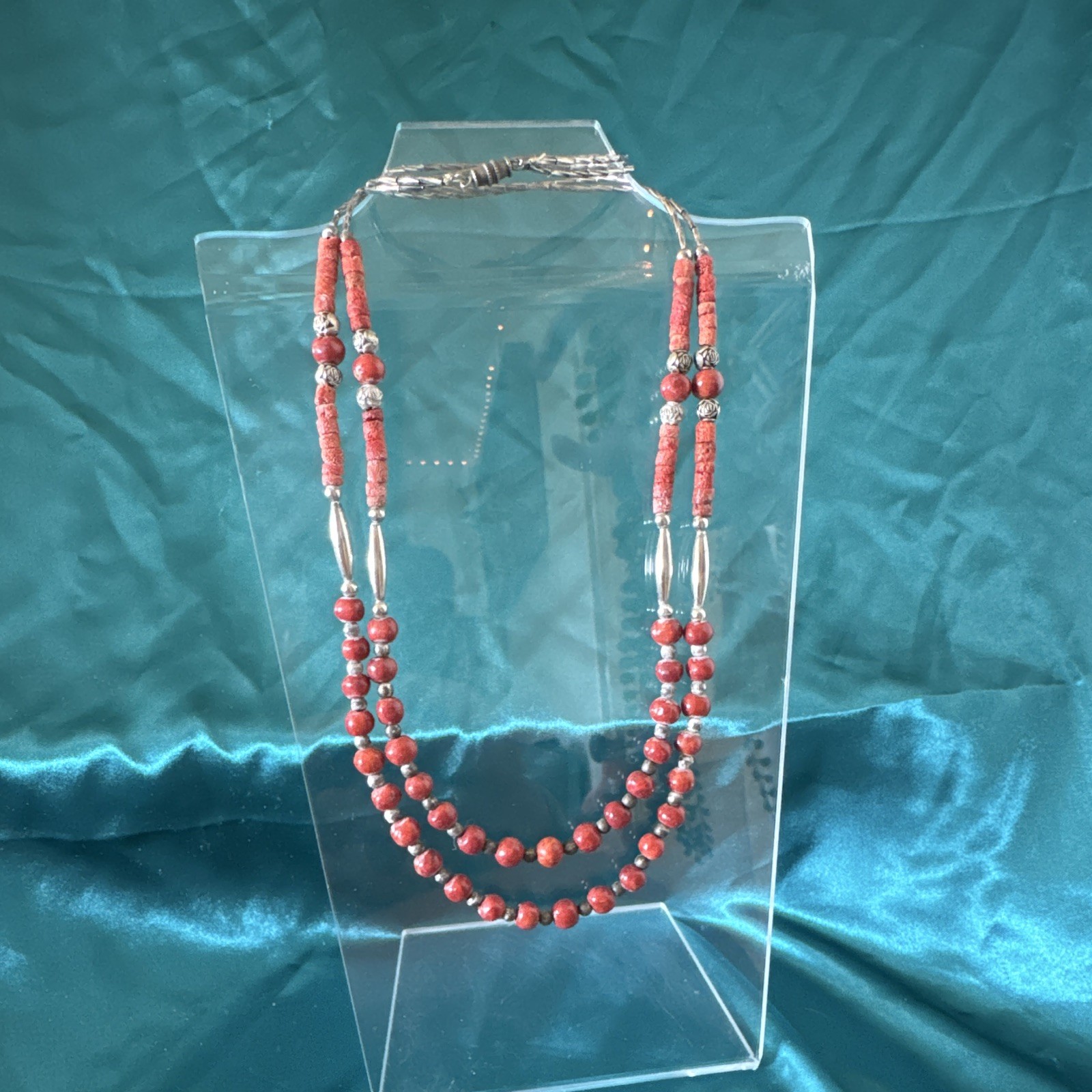 Vintage Handmade Two-Strand Sterling Silver & Red coral Necklace – Southwestern/