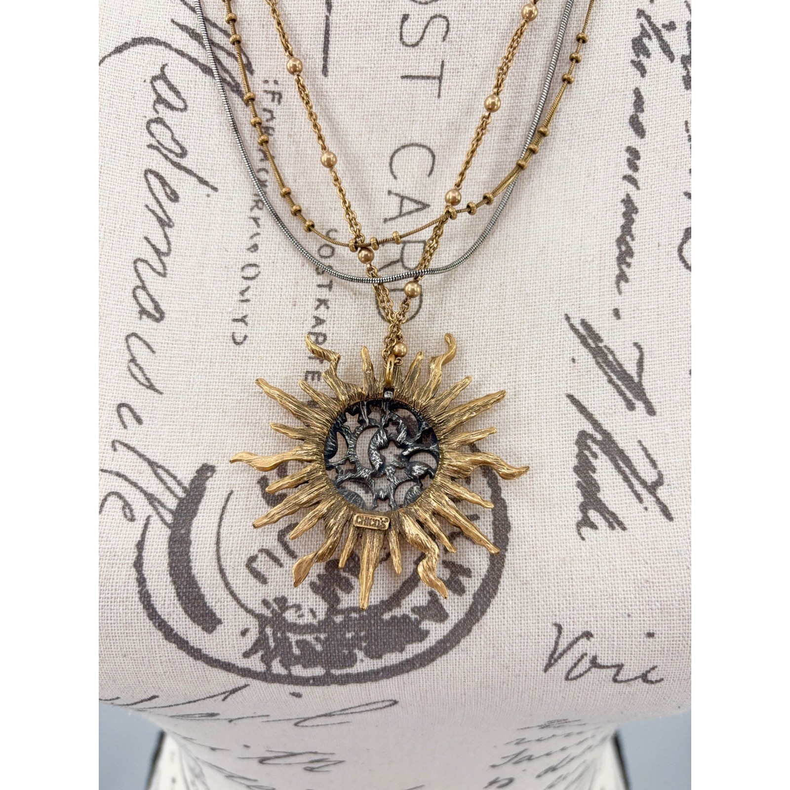 Chico’s Sunburst Pendant Necklace Two Tone Multi Strand Sun Moon Star Celestial