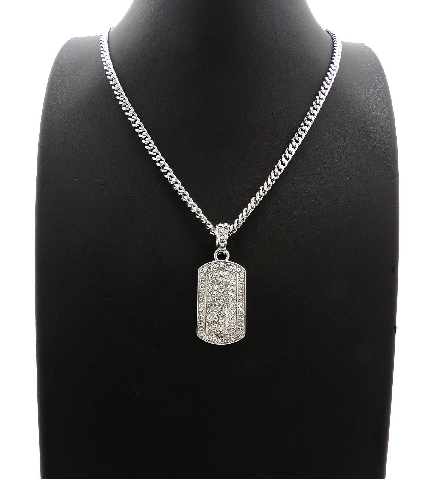 CUBIC ZIRCONIA SILVER PLATED ALLOY DOG TAG & 24″ BOX ROPE CUBAN CHAIN NECKLACE