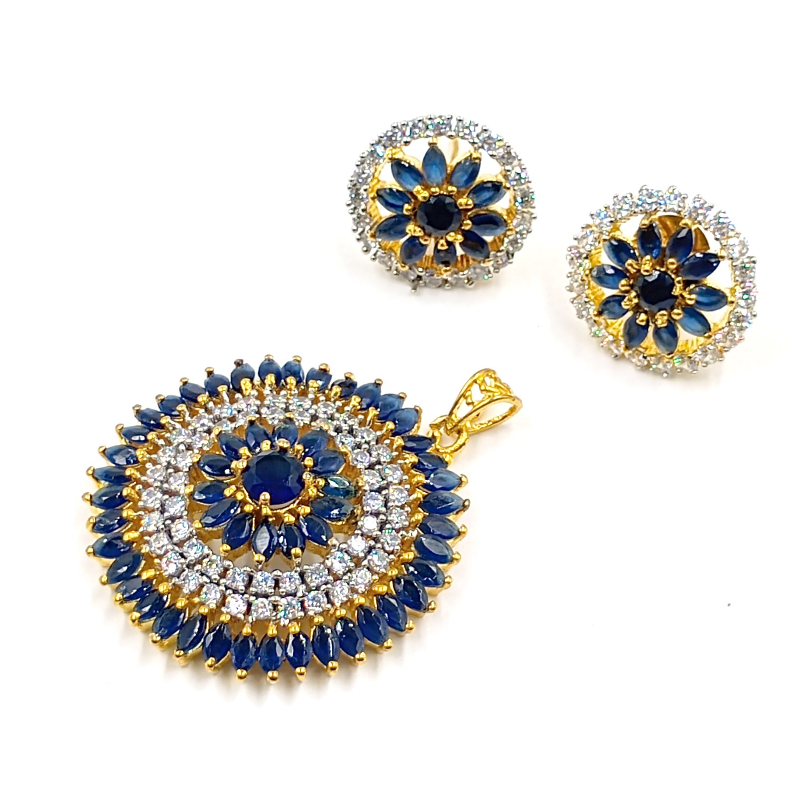 Traditional 22k Gold Plated Sapphire CZ Diamond Bridal Pendant Set Wedding Jewel