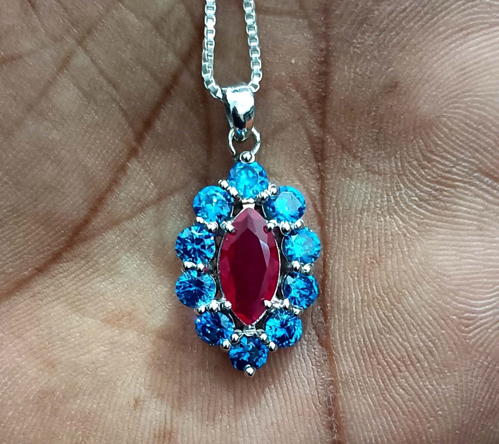 15 Ct Ruby Marquise Cut & Blue Sapphire Pendant 925 Sterling Silver With Chain
