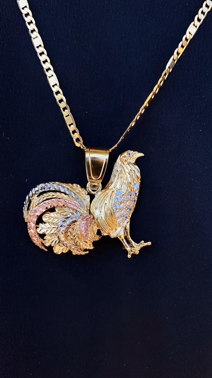 14K Gold Filed Chicken Rooster Pendant Necklace 24″ Figaro Valentino Mens Cadena
