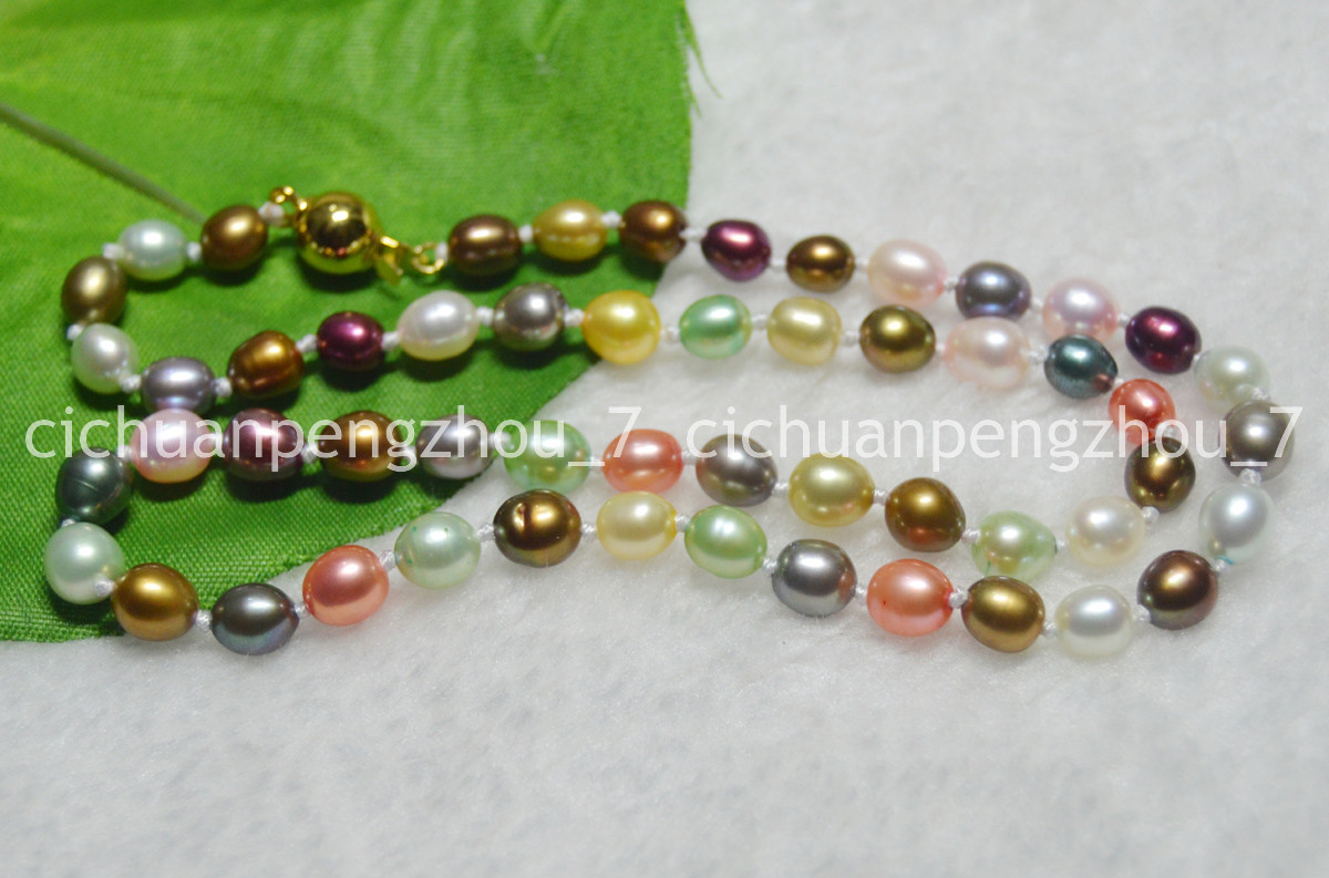 Natural 6-7mm Multicolor Genuine Freshwater Cultured Rice Pearl Necklace 18”