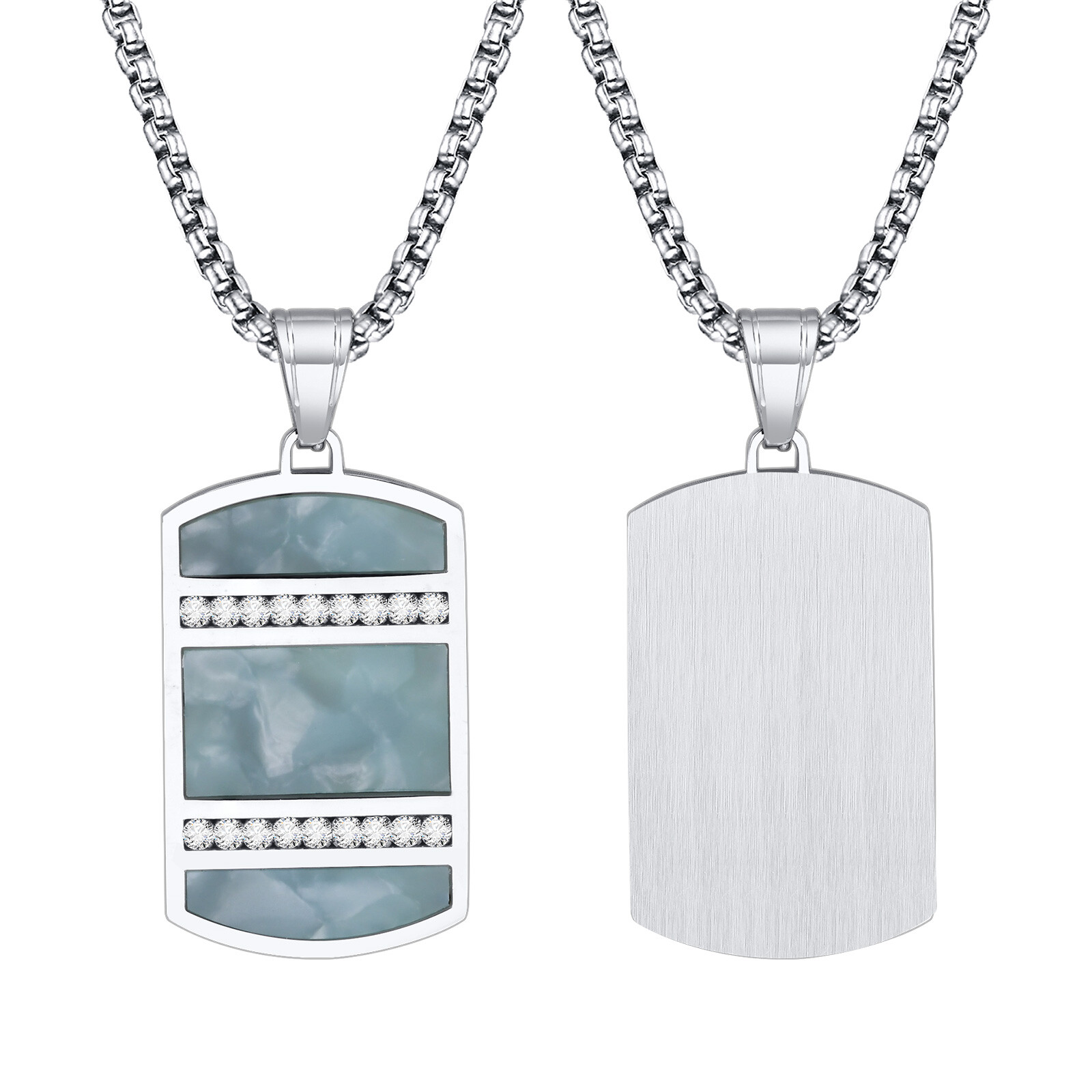 Mens Necklaces Bling CZ Stone Inlay, Chinese Tradition Cyan Stone Square Dog Tag