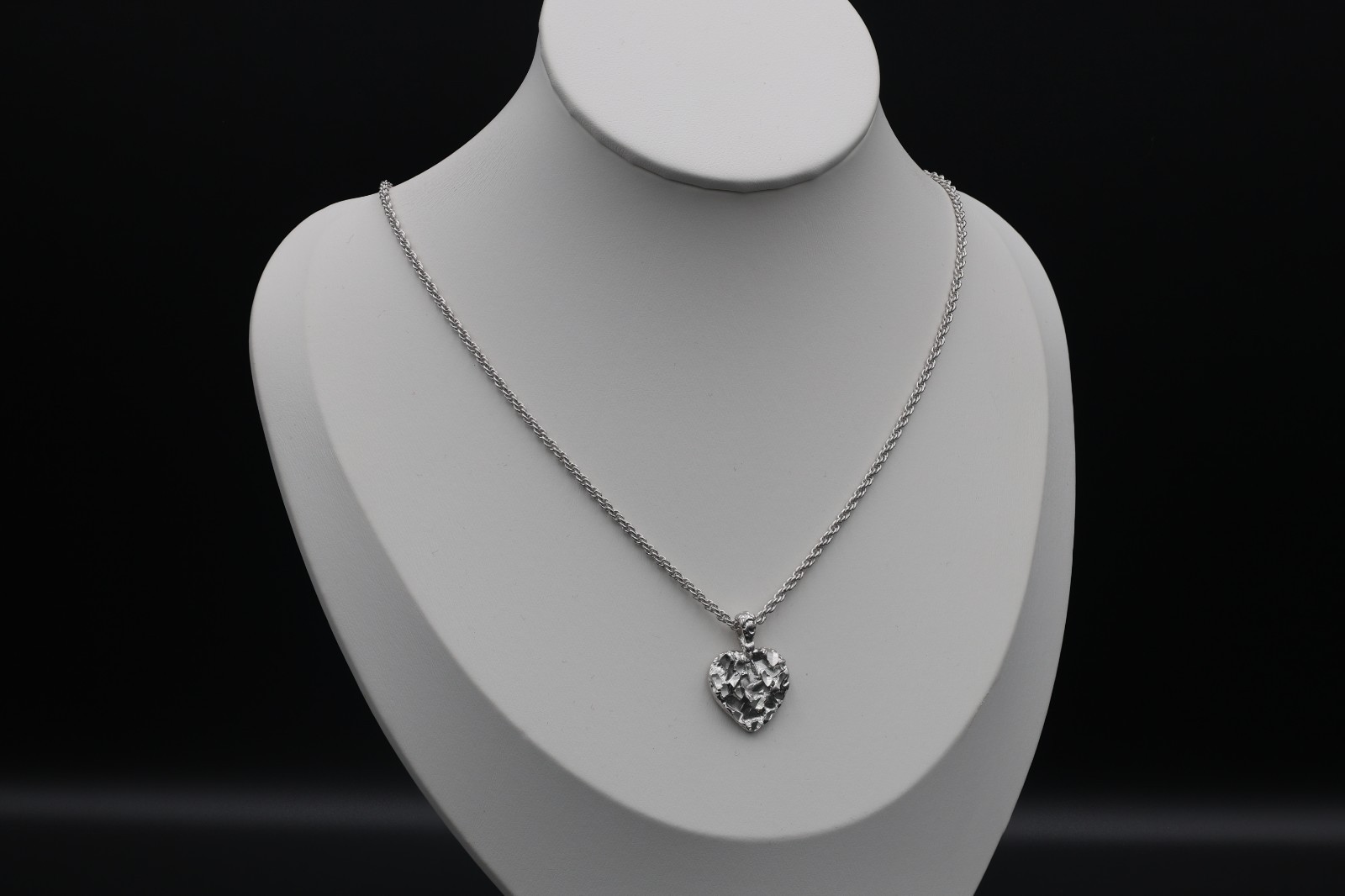 Silver Nugget Heart Necklace: 16mm Heart Pendant, 1mm Rope Chain for Women