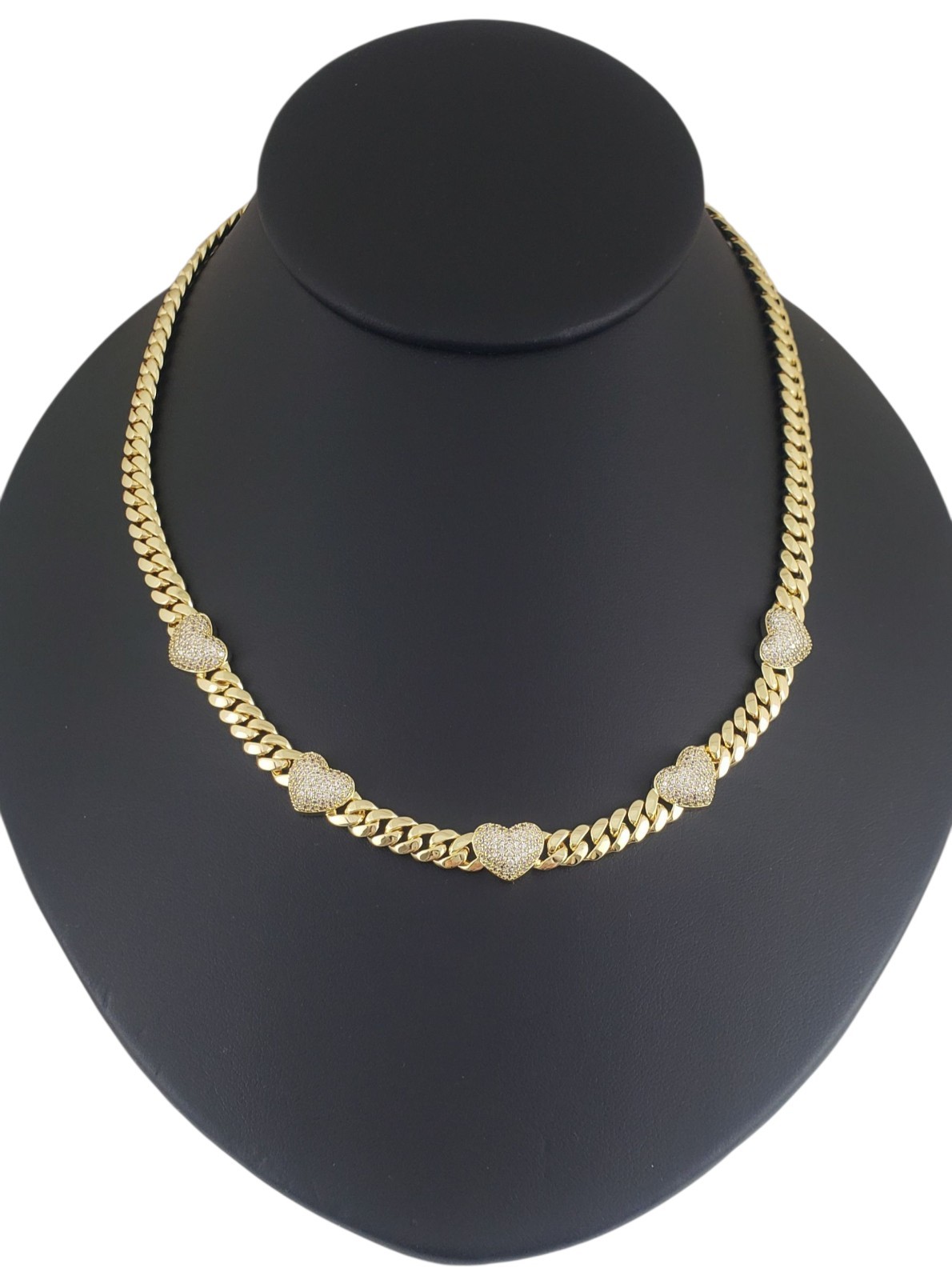 14K Gold Plated Cz Heart Cuban Choker Chain Necklace And Bracelet Set