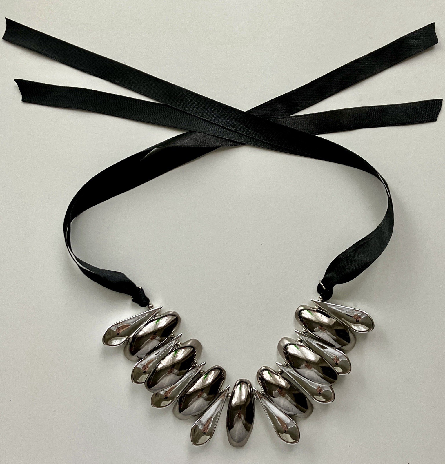 Statement Silver Gunmetal Tone Collar Necklace Nugget Choker Bib Adjustable Ties