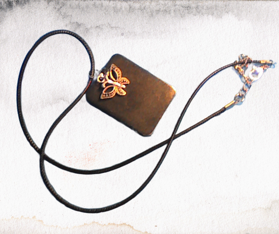 Handmade Square Butterfly Resin Pendant Necklace Silver Charm Black Cord 18″