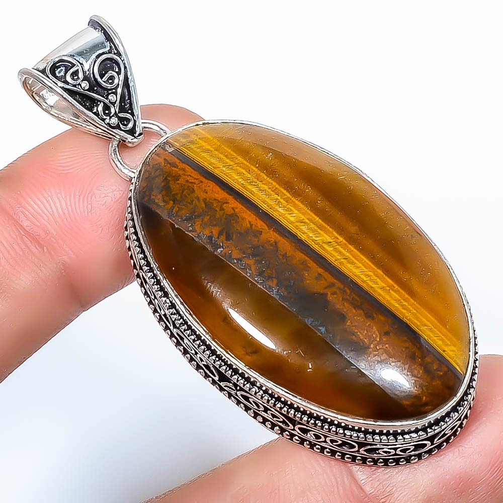 Natural Yellow Tiger Eye Gemstone 925 Silver Plated Fine Art Pendant 2.34″ S28
