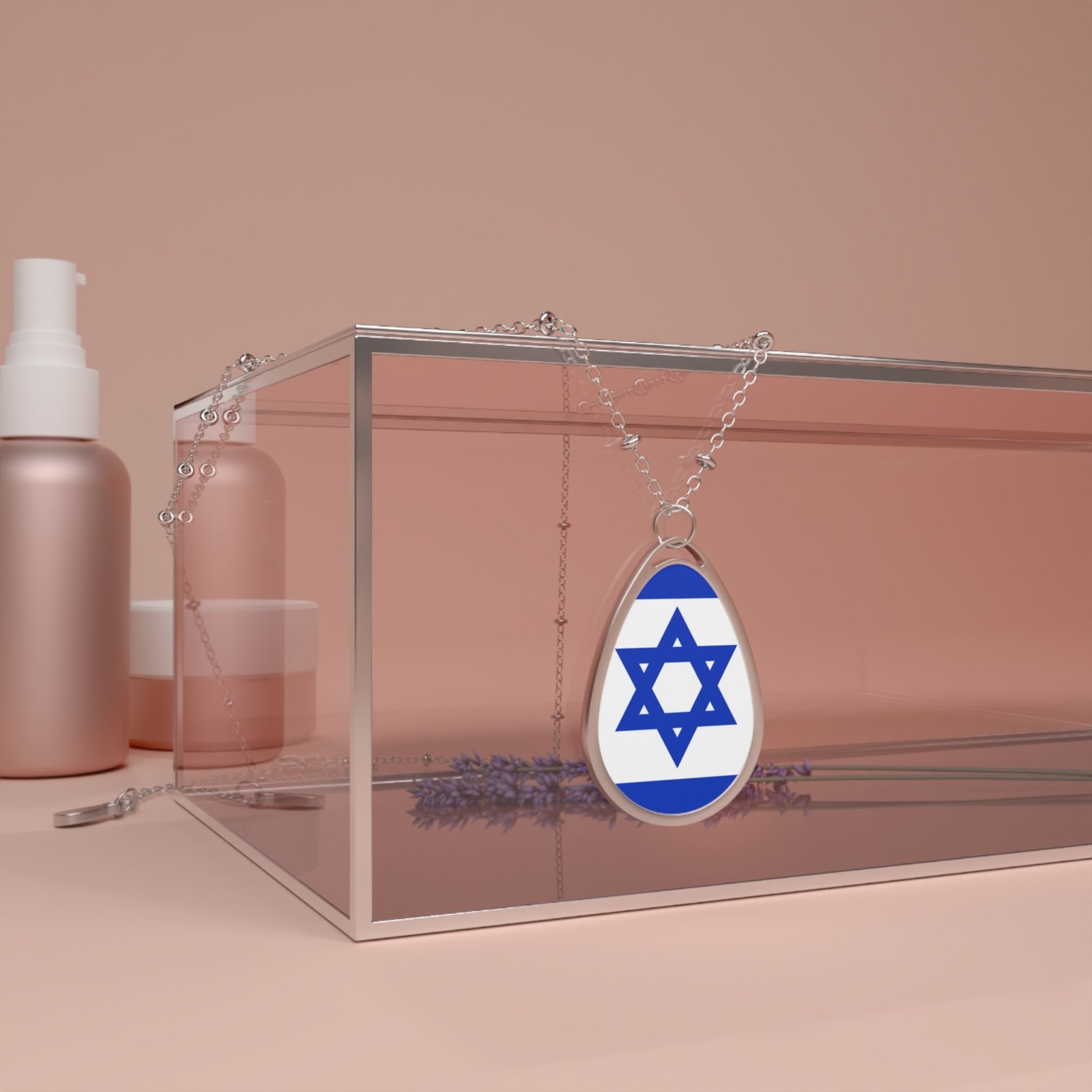 Israel Flag Oval Necklace – Israeli Heritage Pendant – One Size / Silver