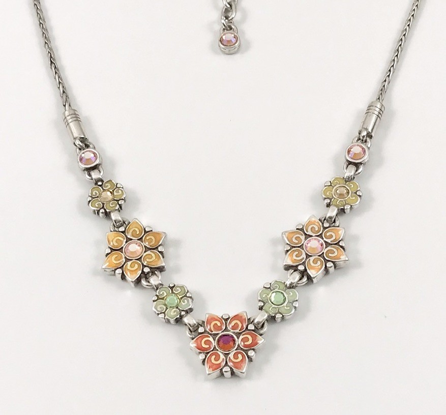 Brighton Garden Of Eden Multi Color Crystal Enamel Silver Flower Necklace. #1160