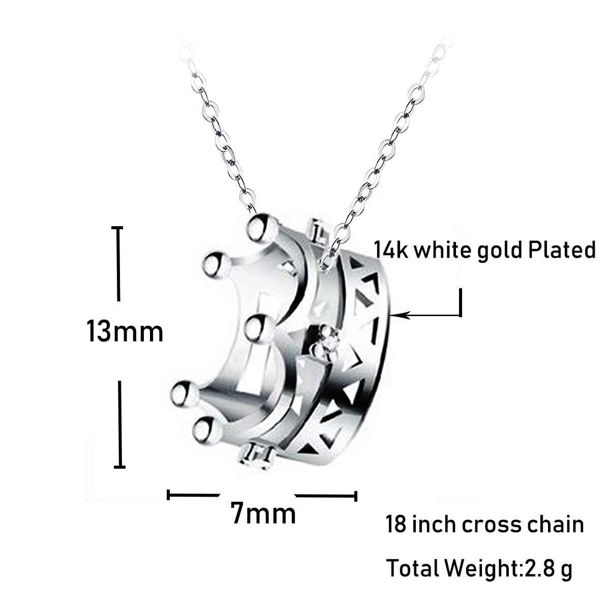 14k White Gold Plated Cubic Zirconia Princess Crown Pendant Necklace for Women