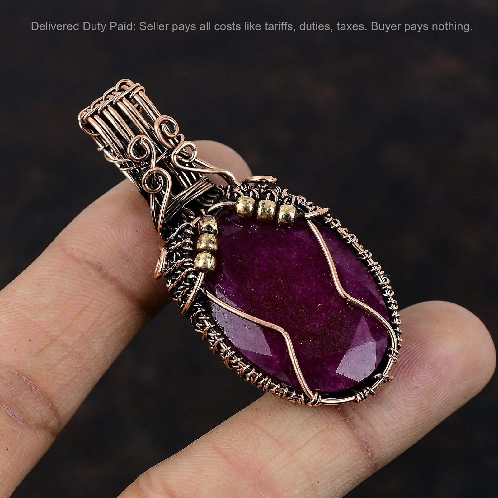 Oval Natural Kashmir Rubi Birthday Mother Wire Wrapped Pendant Jewelry Copper