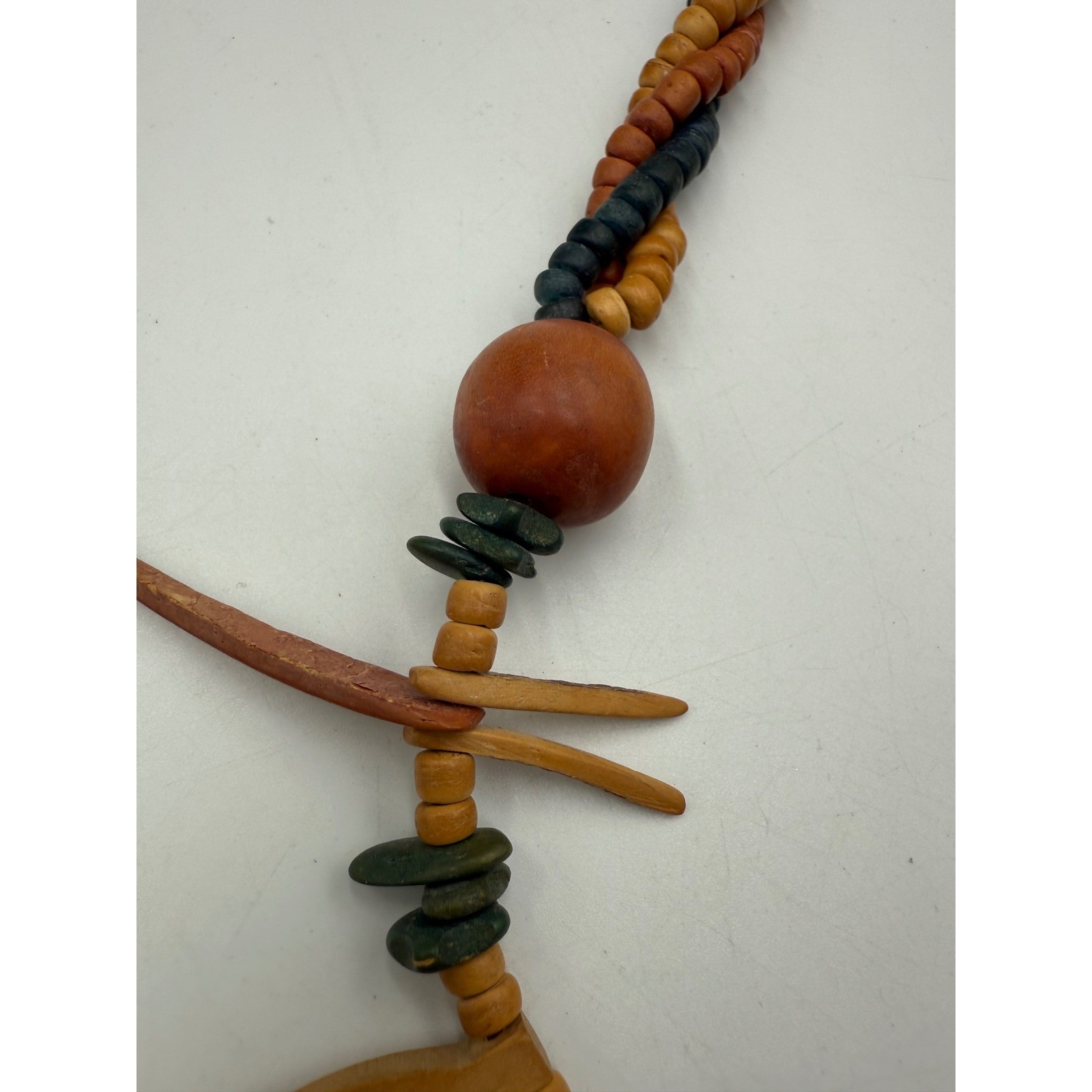 Vintage Boho Carved Wood Leaf Statement Necklace Earthy Multi Strand Beaded 22″