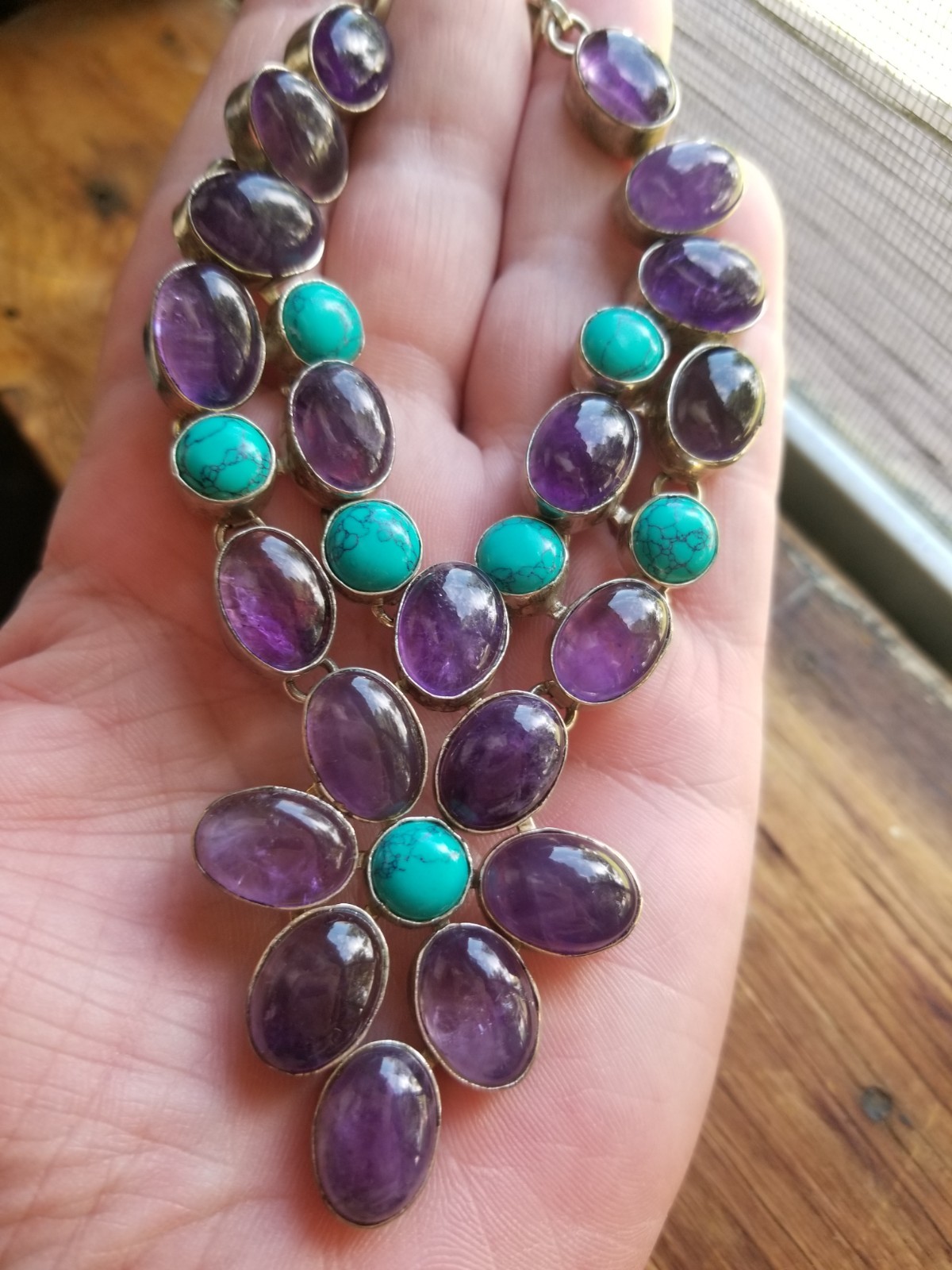 Multi Gemstone Flower Bib Statement Necklace Silver Amethyst Turquoise Handmade