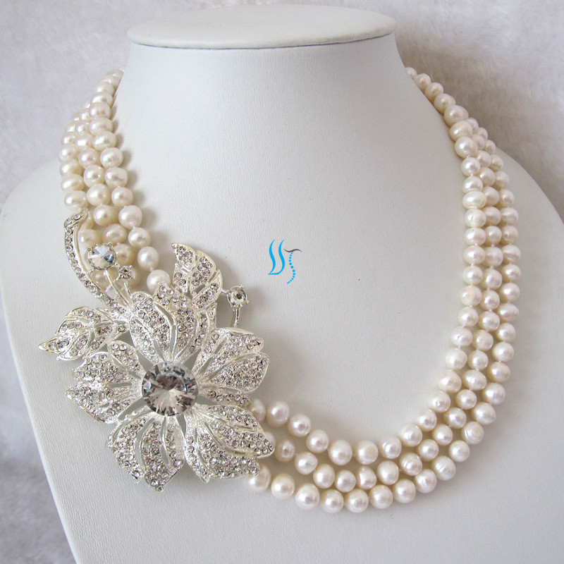18-20″ 3Row 7-8mm Freshwater Pearl Necklace X2844 Wedding——MORE COLORS