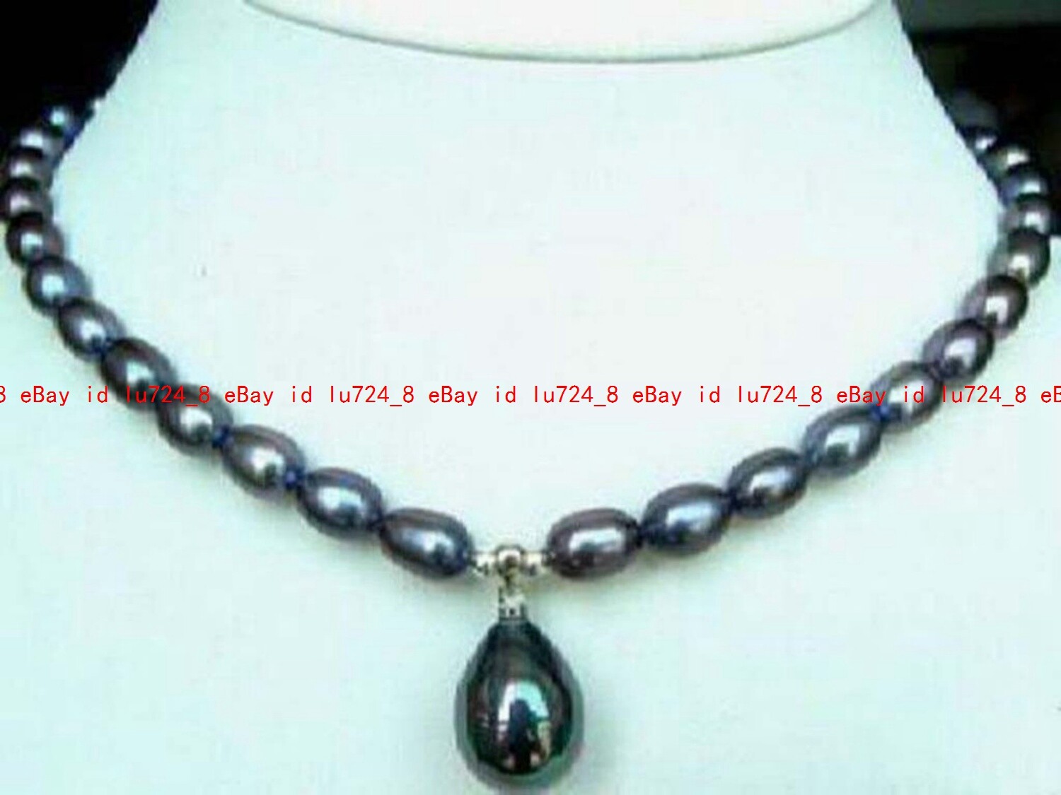 Fashion 7-8mm Natural Black Rice Freshwater Pearl Necklace Shell Pearl Pendant