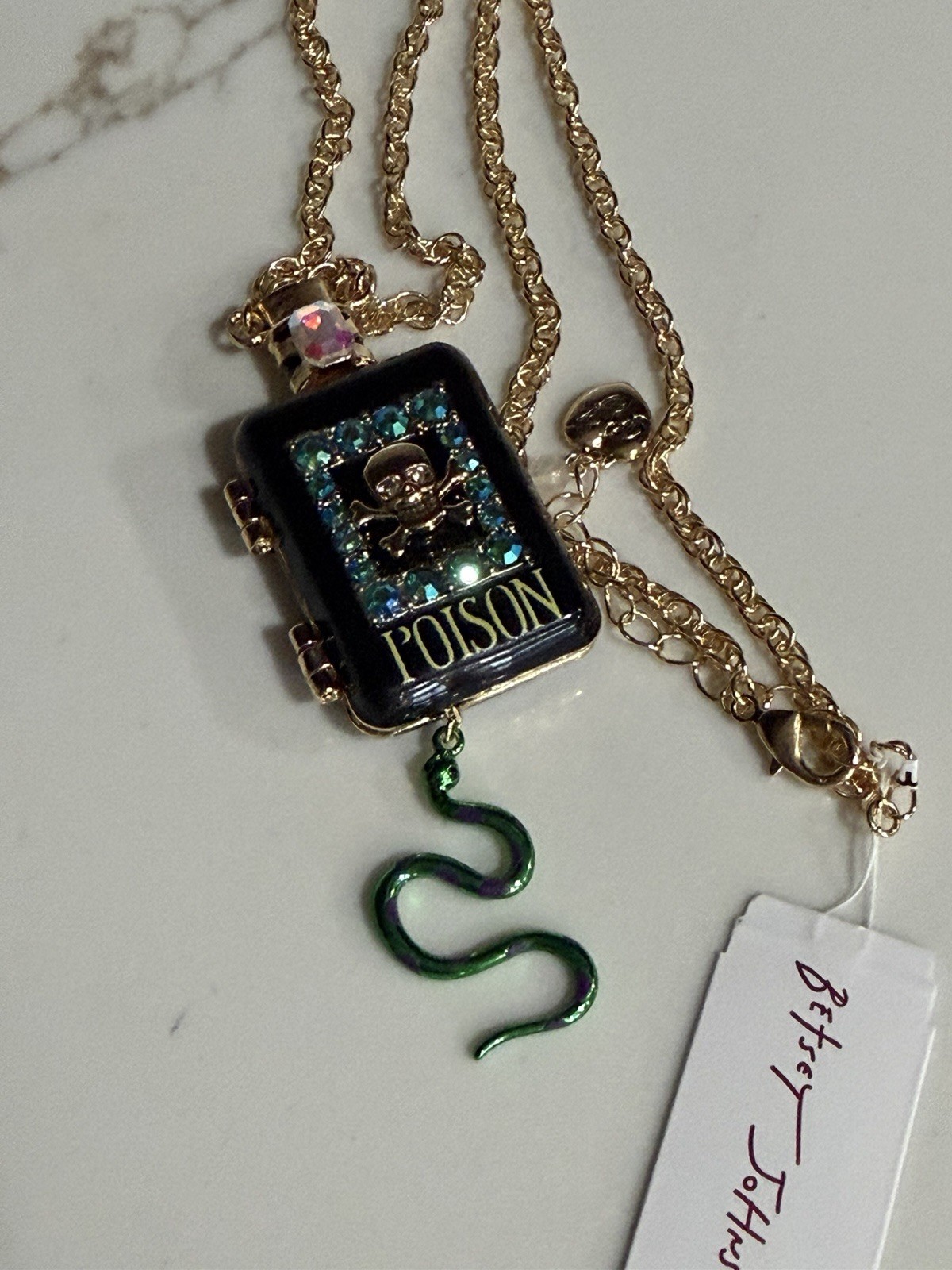 Betsey Johnson Long Pendant Poison Bottle Necklace Locket Snake NWT