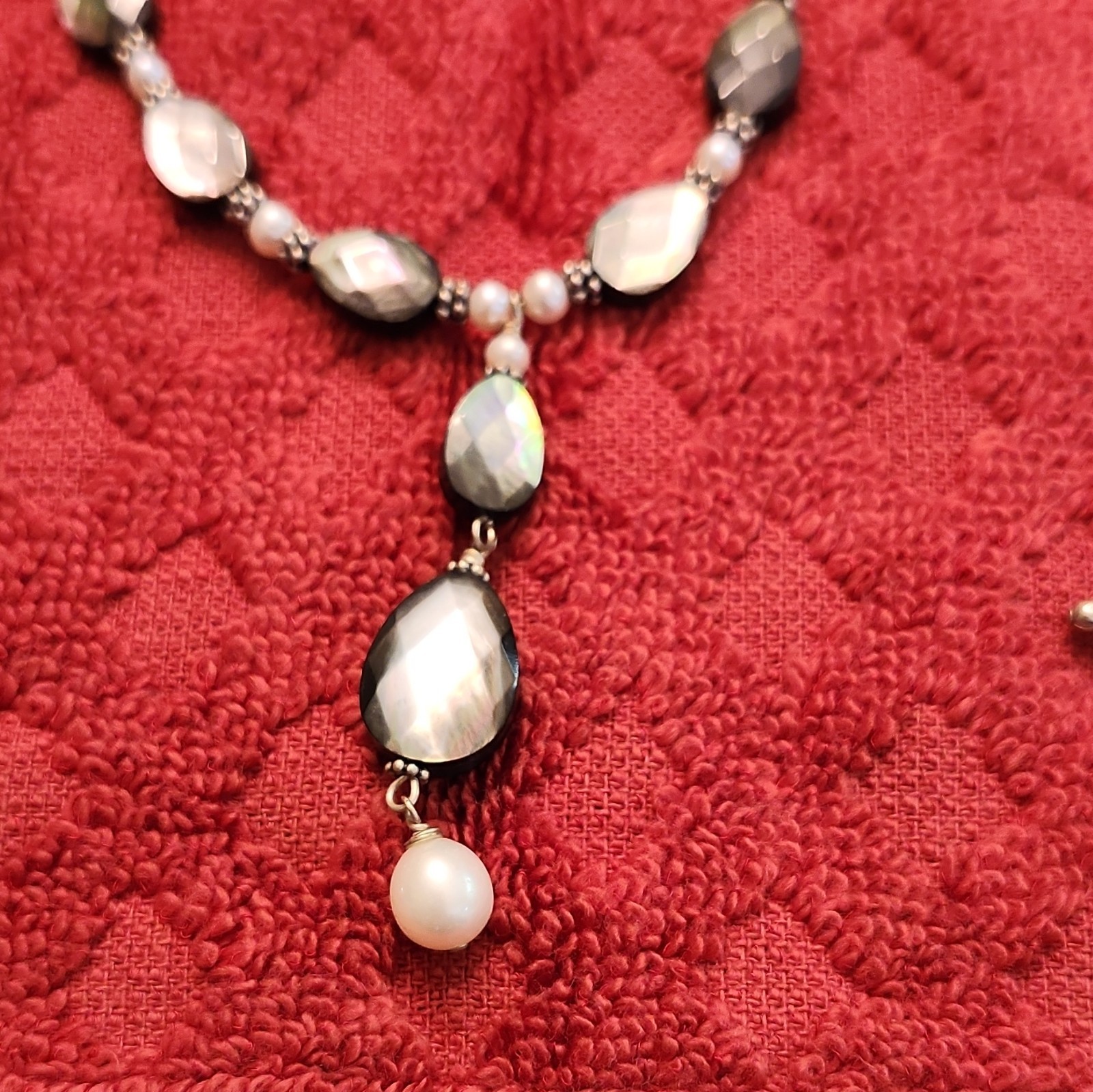 925 Sterling/Gray/White Faux Pearl Teardrop Drop Pendant 16in and bracelet set