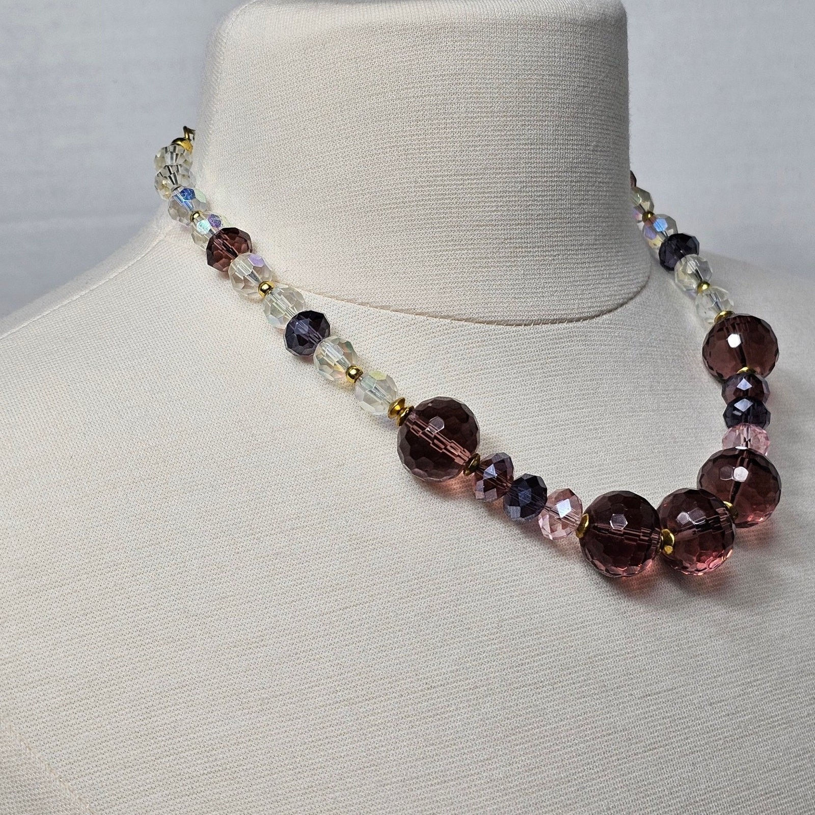 Vintage Faceted Glass Crystal Bead Necklace Purple Pink AB Coated Clear 18-20 in