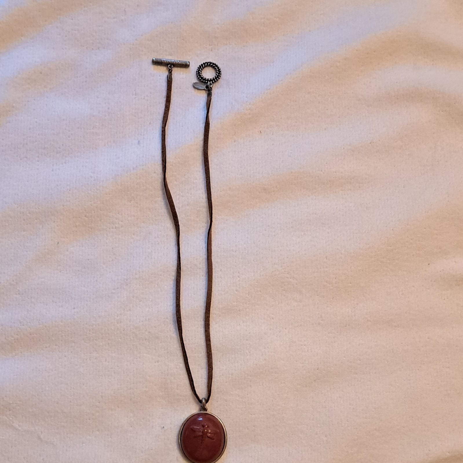 Brown Suede Cord Necklace Round Dragonfly Charm Pendant Toggle 18in Silver
