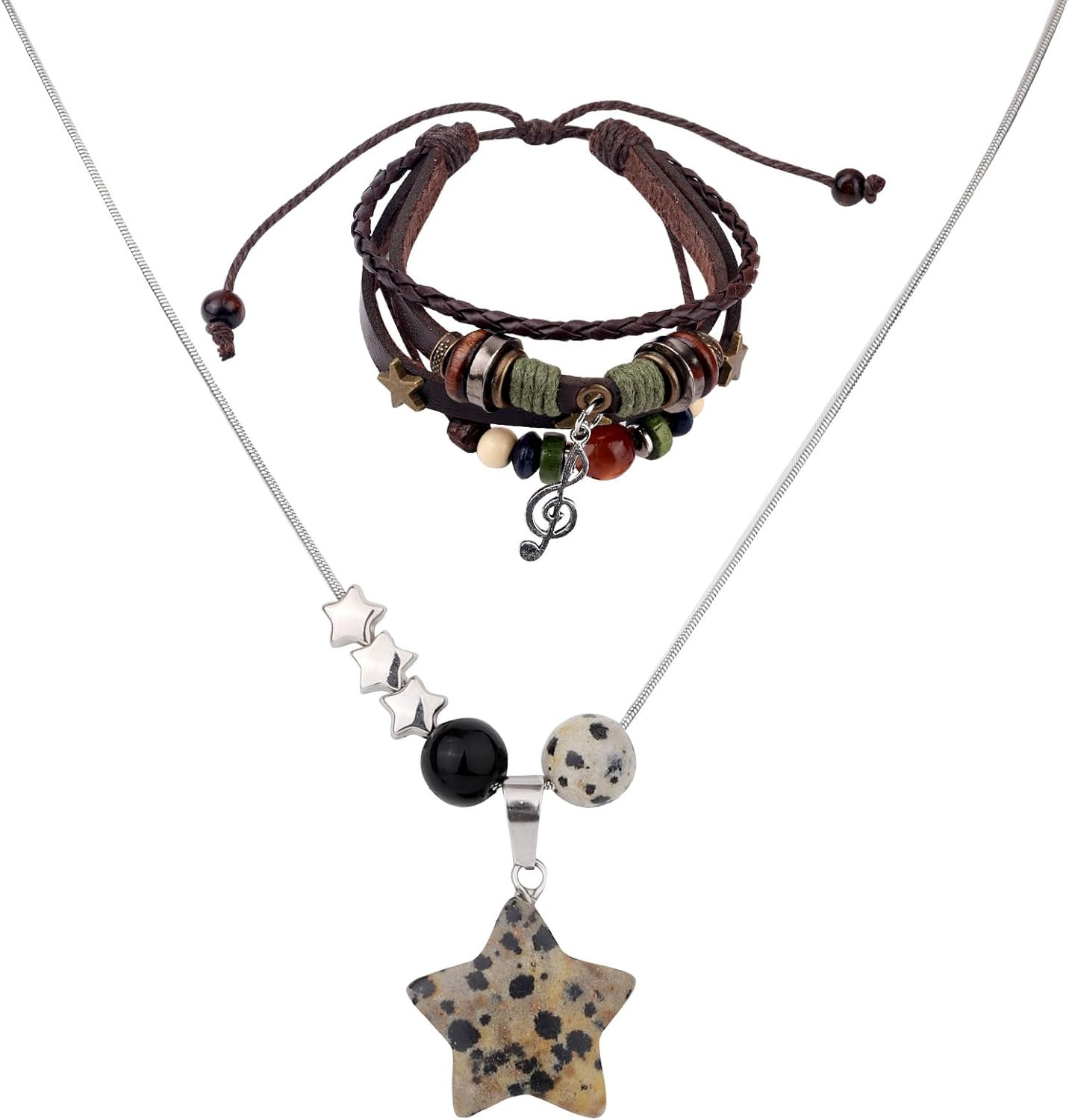 Fairy Grunge Necklace & Bracelet Set, Handmade Multilayer Leather Music Braided