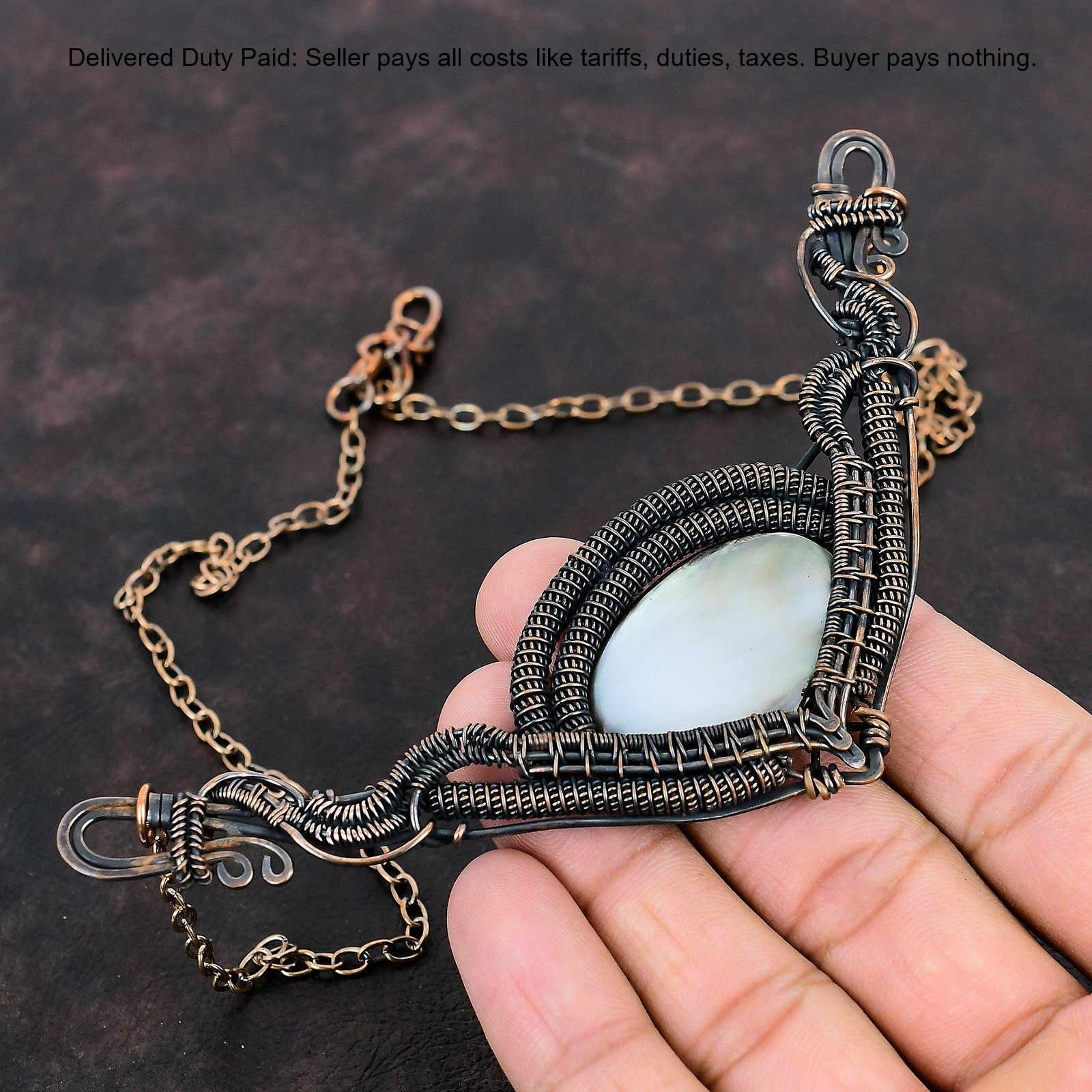 Mother Of Pearl Stone Copper June Birth Chain Wife Wire Wrapped Wedding Necklace