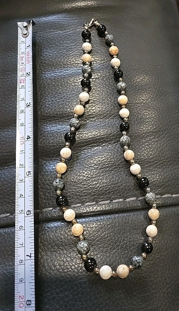 Vintage Beaded Necklace Black, Grey And Cream Beads Gold Tone S Clasp