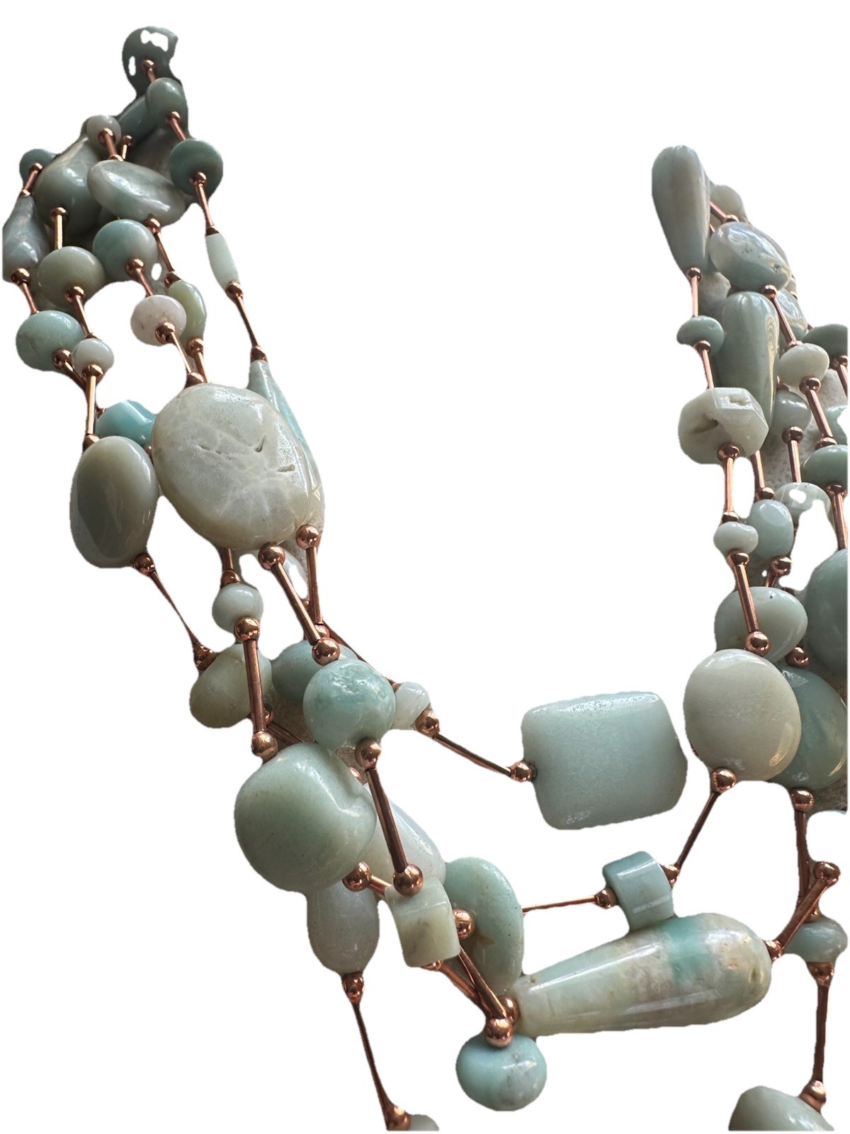 Multi Strand Amazonite Green Gem Stone Lg. Bead Aqua copper Necklace Balance