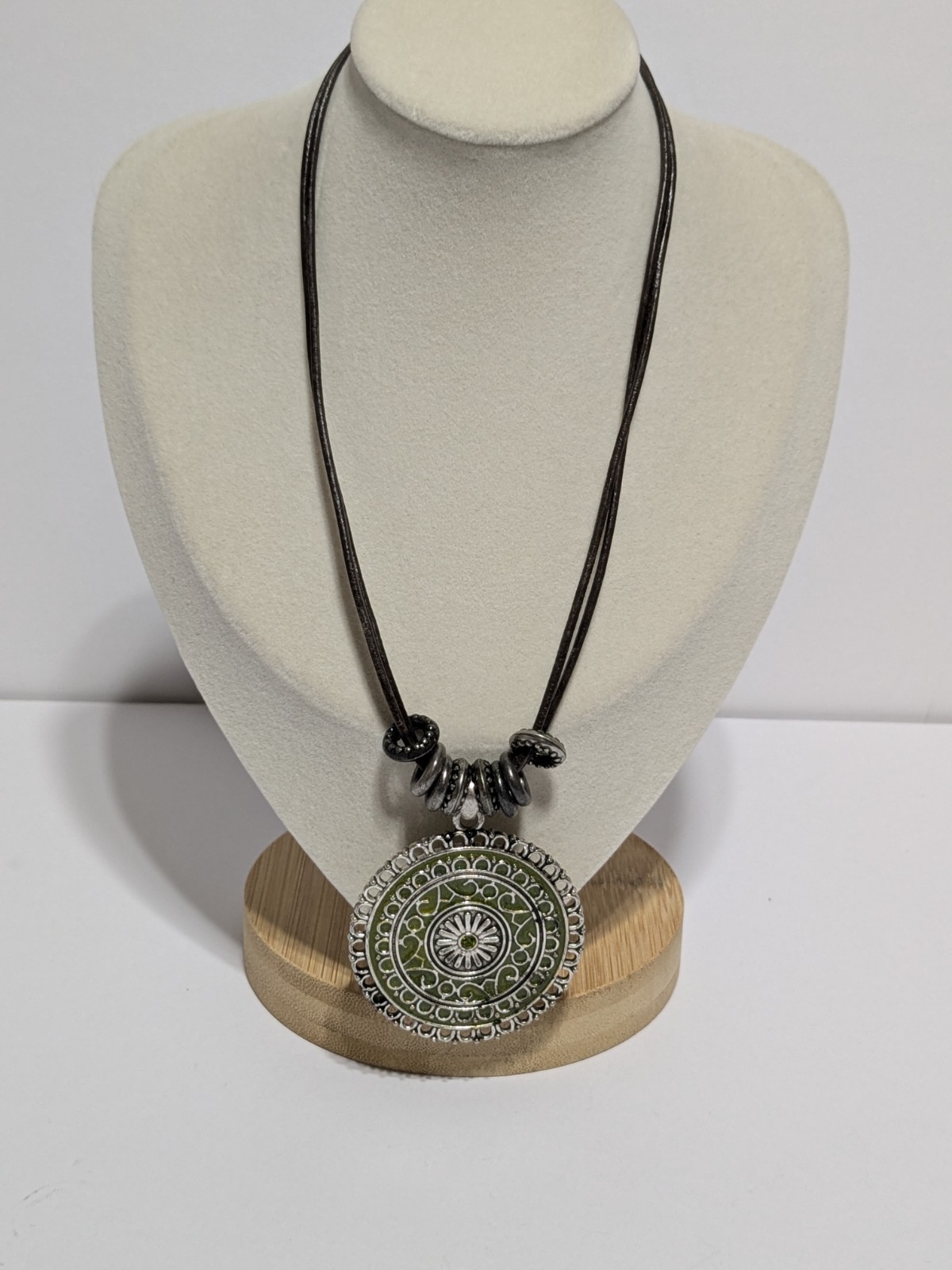 Faux Leather Brown Necklace With Silver Tone & Green Enamel Medallion Pendant