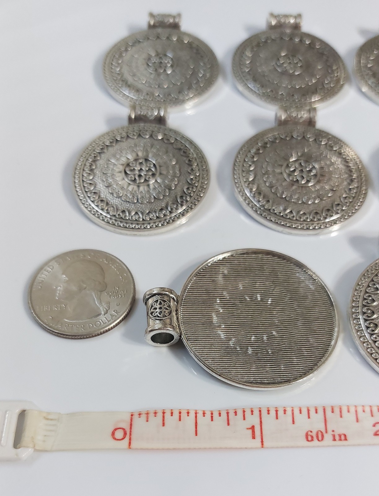 Boho Silver Tone Round Pendant Charms – Set of 8