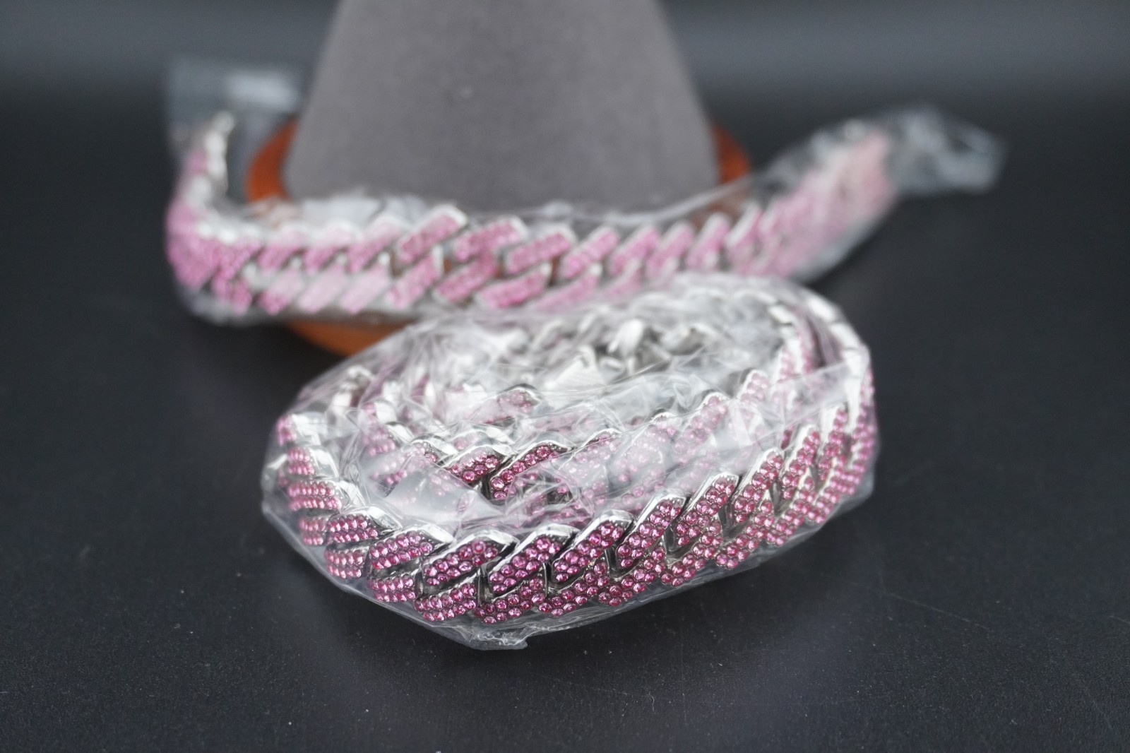 Neckless – Silver Stainless W/Pink CZ Stones 10mm 8″ Brac 22″ Neck (NEW) Wrapper