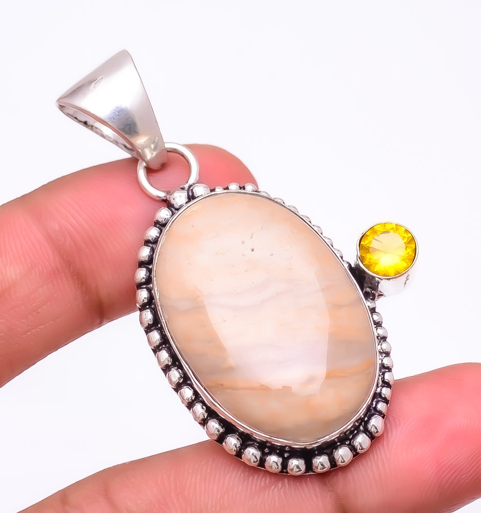 Natural Wave Jasper & Citrine 925 Silver Plated Jewelry Pendant 2.0″ F2562