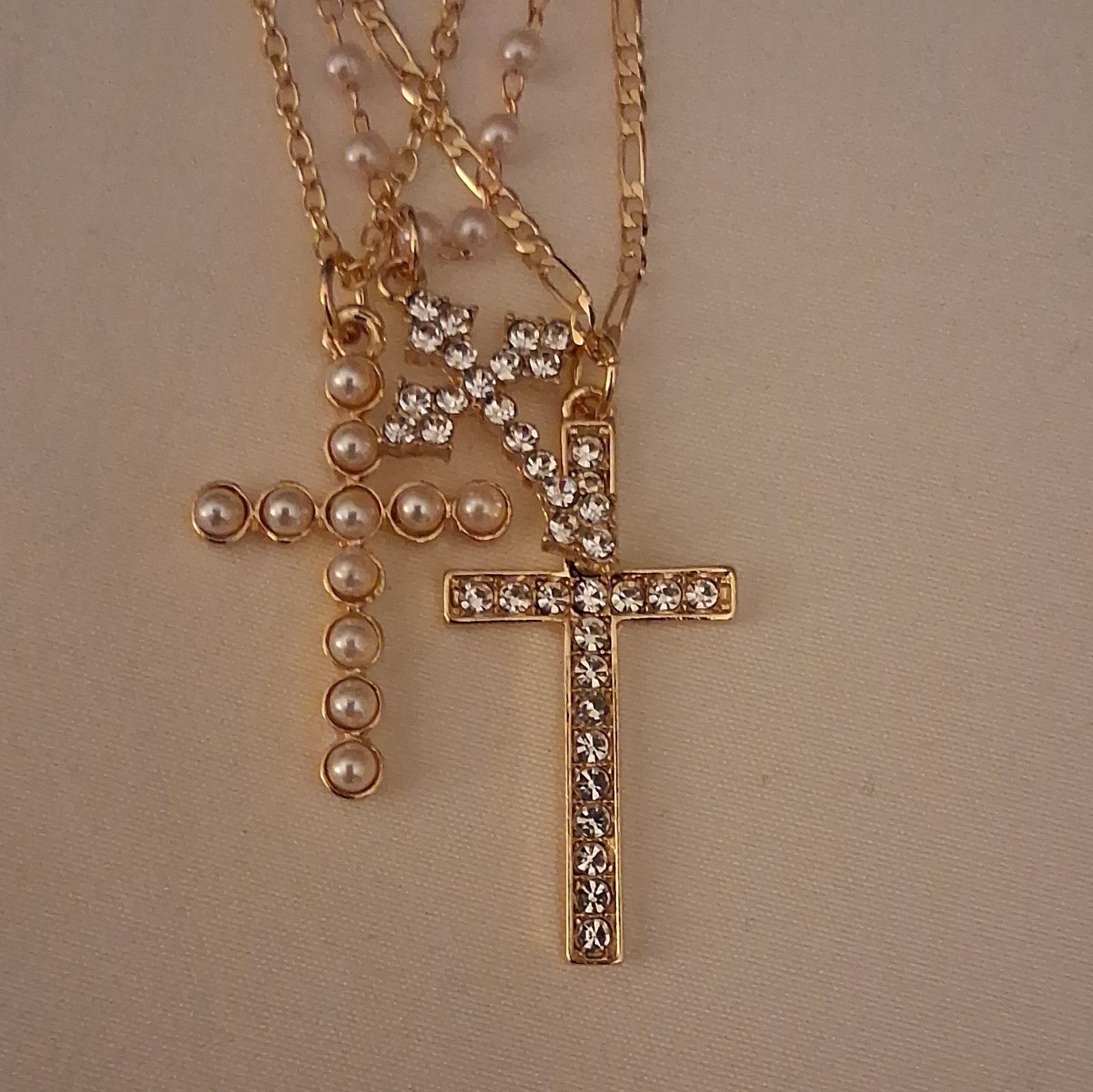 Windsor Gold Tone Layered Cross Charm Pendant Necklace Clear Rhinestone Pearl