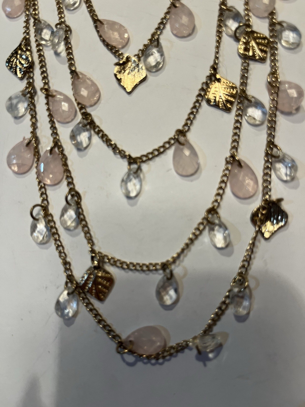 Gold Faux Pink And White Stone Necklace 18”