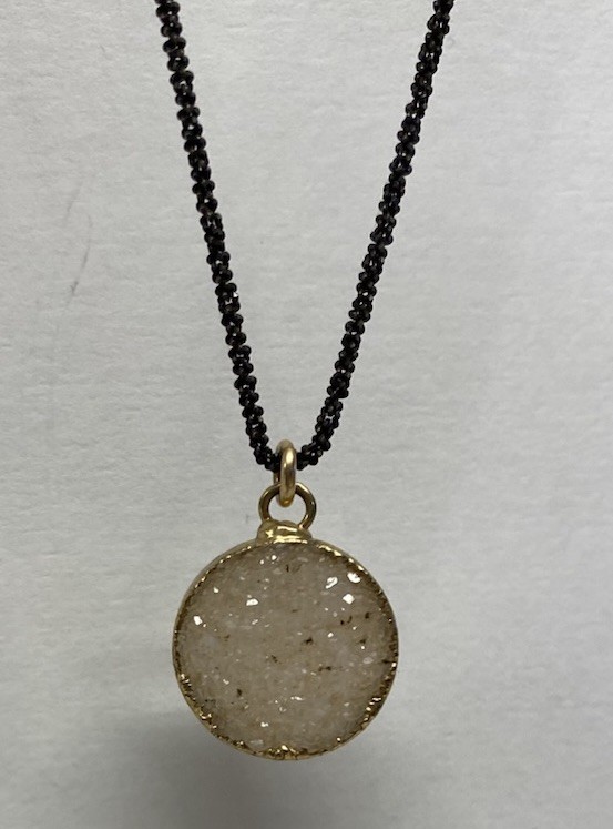 White Druzzy Pendant On 18” Black Rhodium Diamond Cut Sterling Margarita Chain