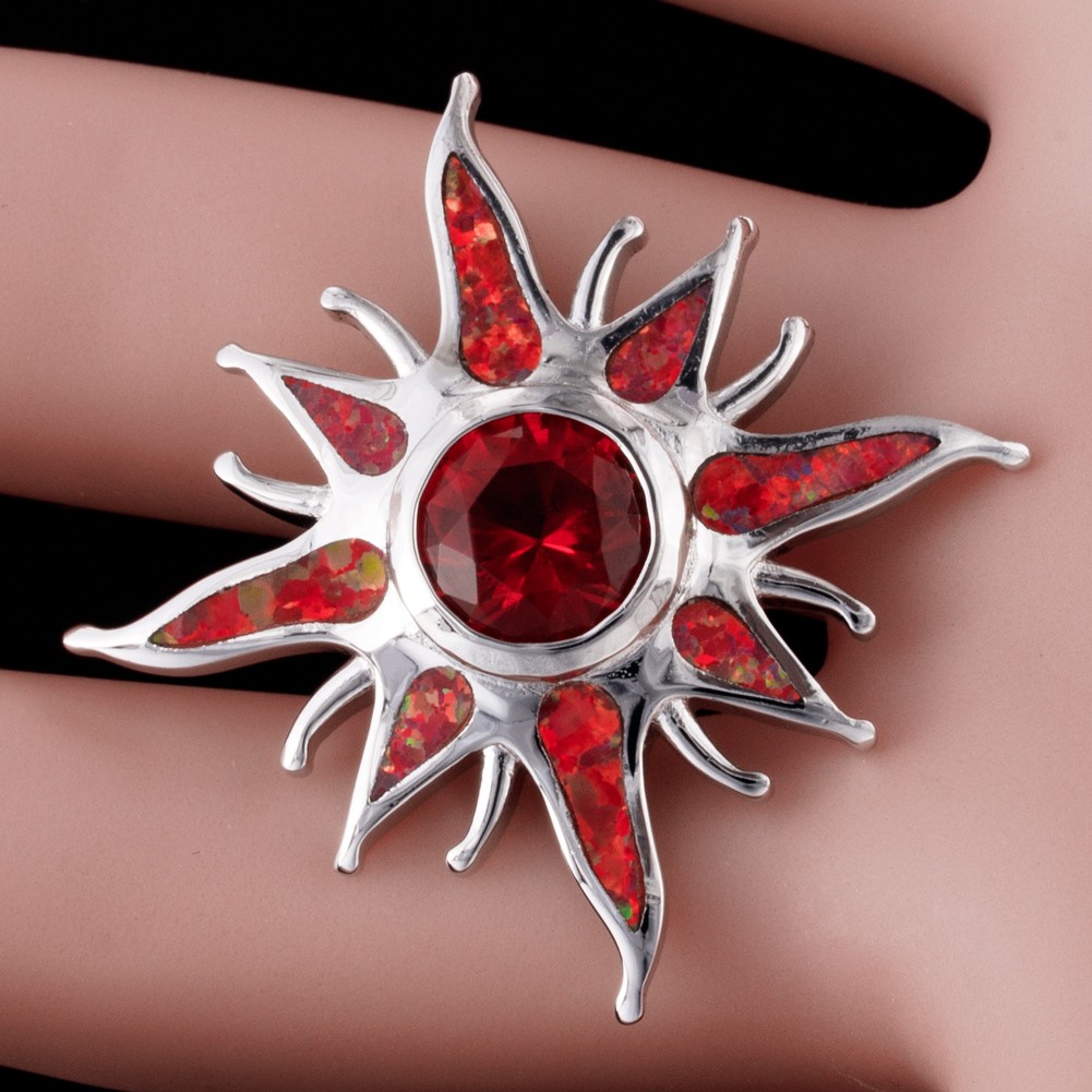 Starburst Simulated Ruby Red Fire Opal Silver Filled Jewelry Necklace Pendant