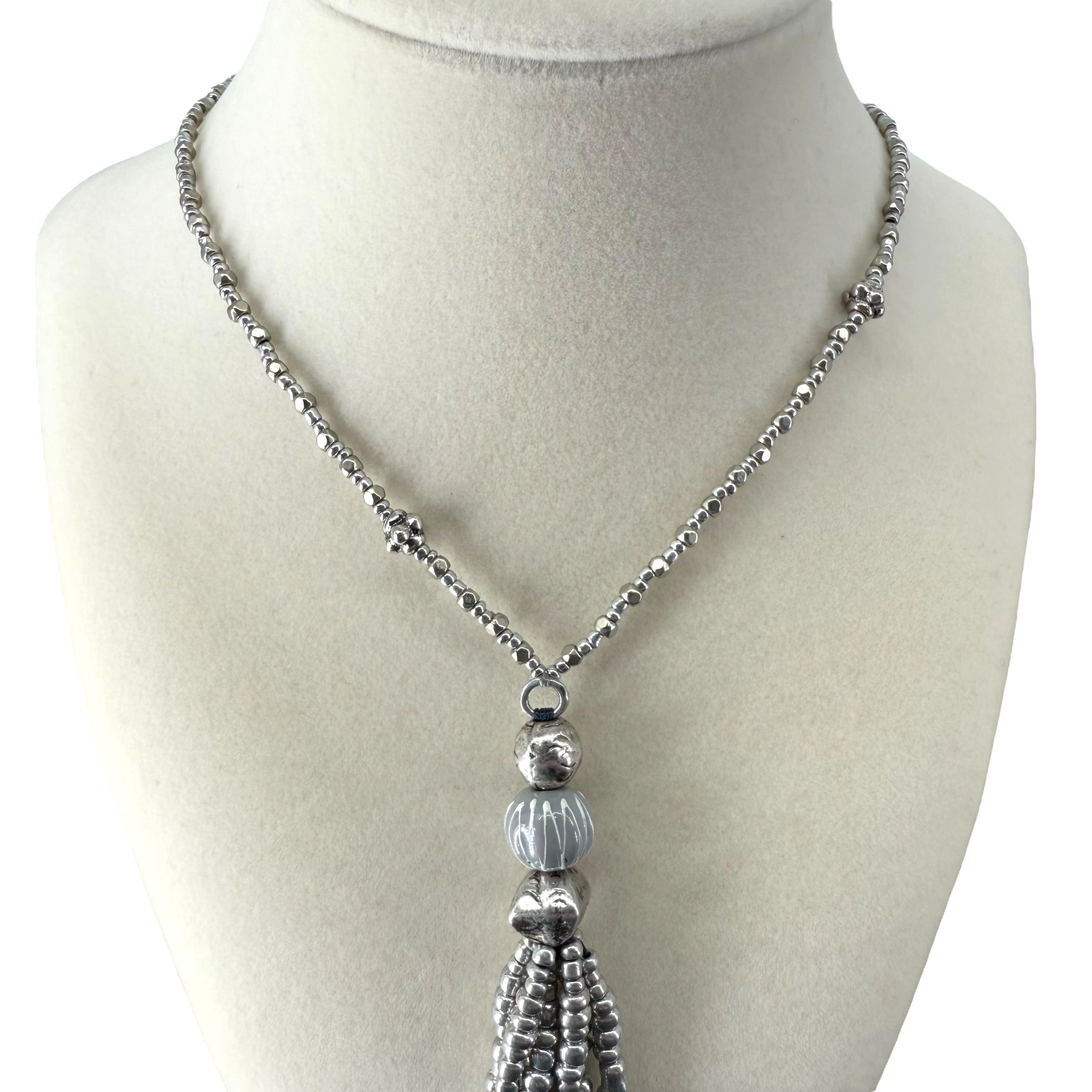 J Jill Tassel Necklace Silver Tone Beaded Blue Pendant Boho Long 32″ Coastal NWT