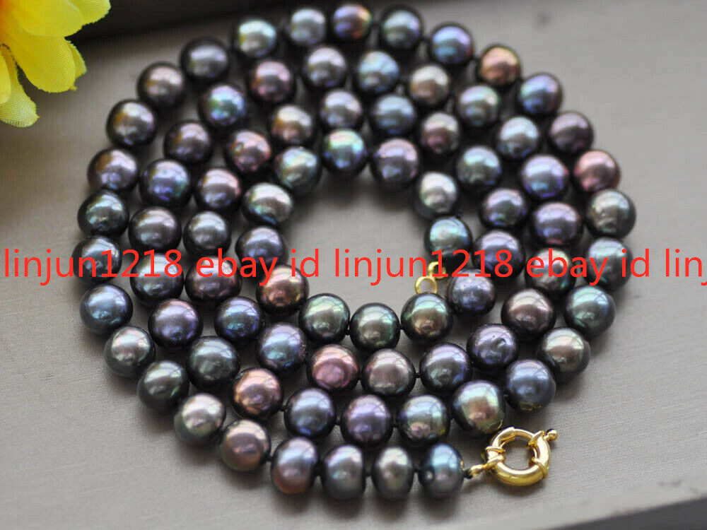 7-8mm Round Peacock-Black Freshwater Round Beads Pearl Necklace 18/24/30/36/50”