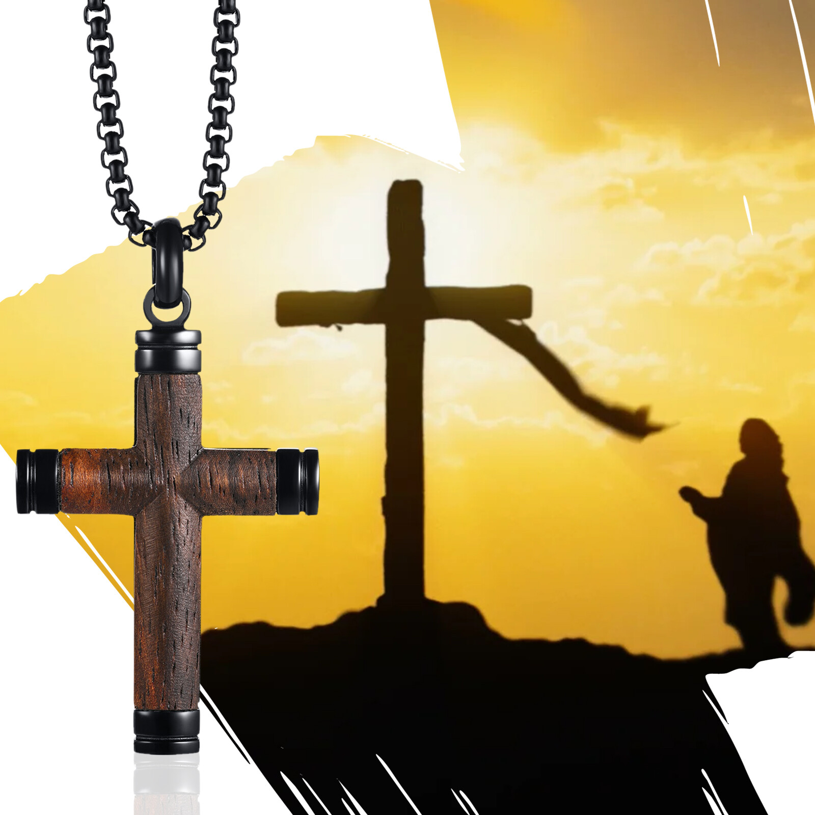 Cool Mens Boys Stainless Steel Natural Wood Cross Pendant Necklace Women Chain