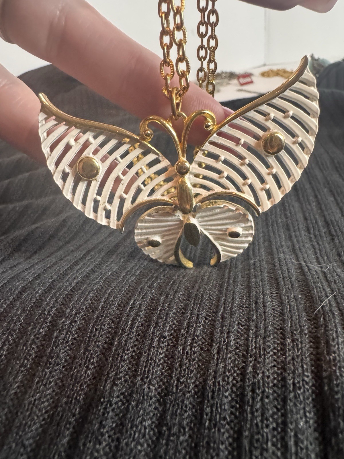 Vintage Butterfly Necklace White And Gold On Long Gold Tone Chain