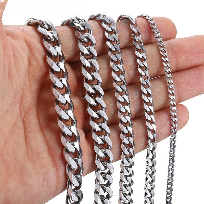 16-36″ Stainless Steel Silver Chain Cuban Curb Womens Mens Necklace 3/5/7/9/11mm