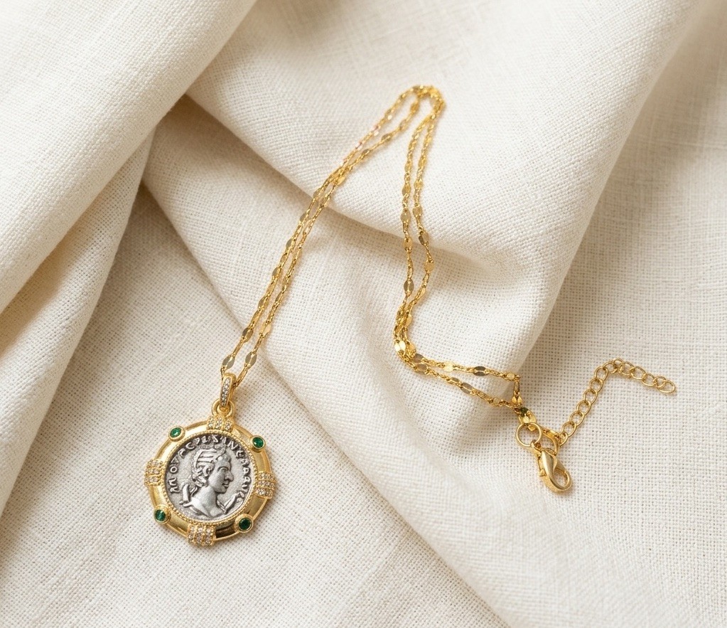 Ancient Greek Roman Coin Medieval Necklace Queen Gold Medallion Pendant CZ Boho
