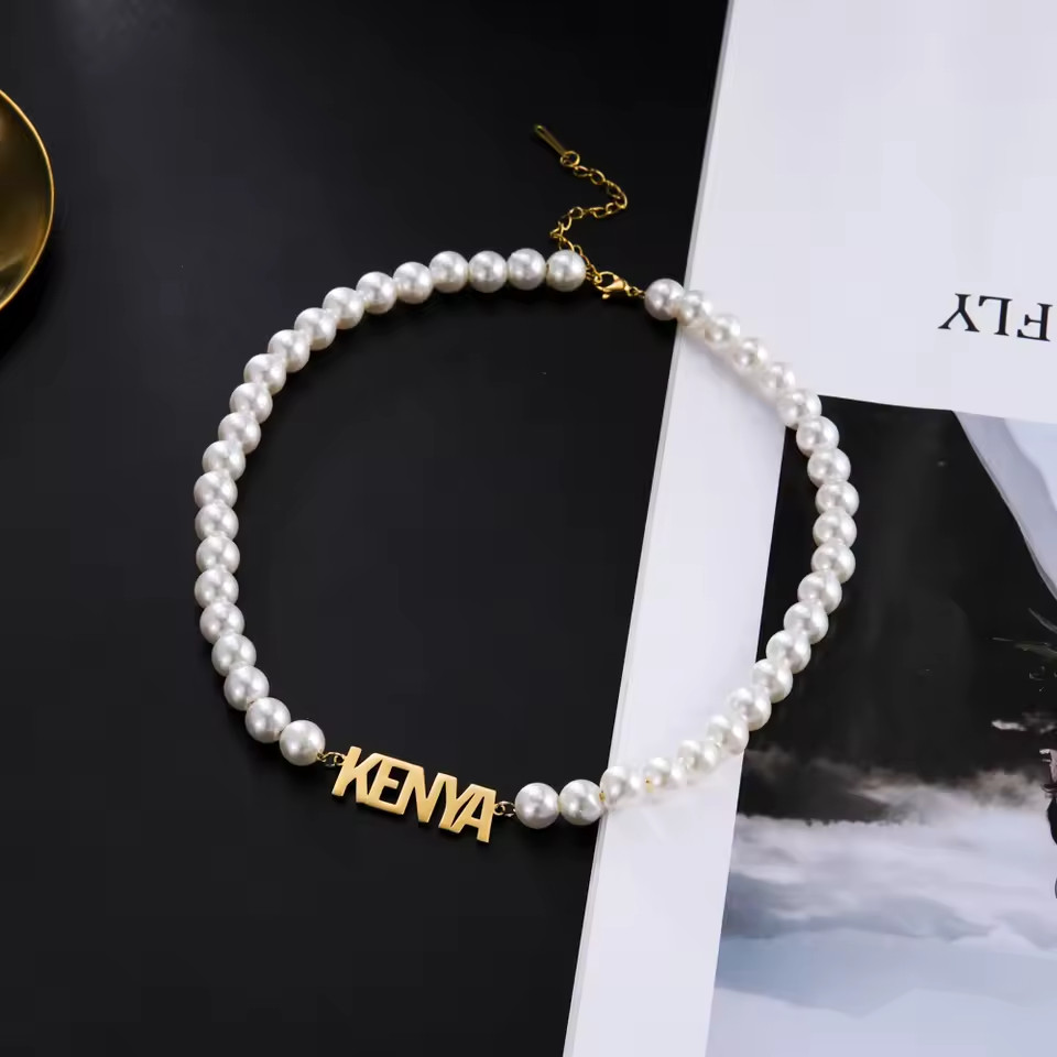 Custom Name Pearl Chain Pendant Necklace Jewelry Stainless Steel Gold Silver