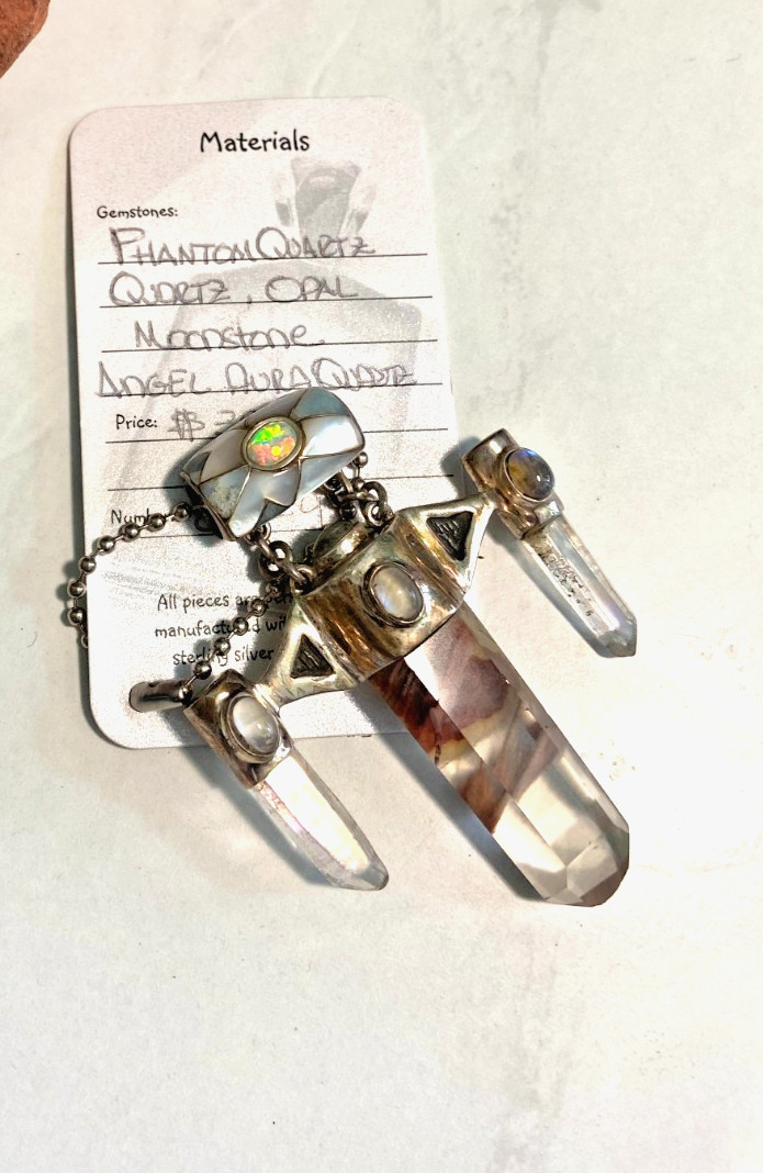 Phantom Quartz Pendant with Quartz Points and Inlaid Opal Bail
