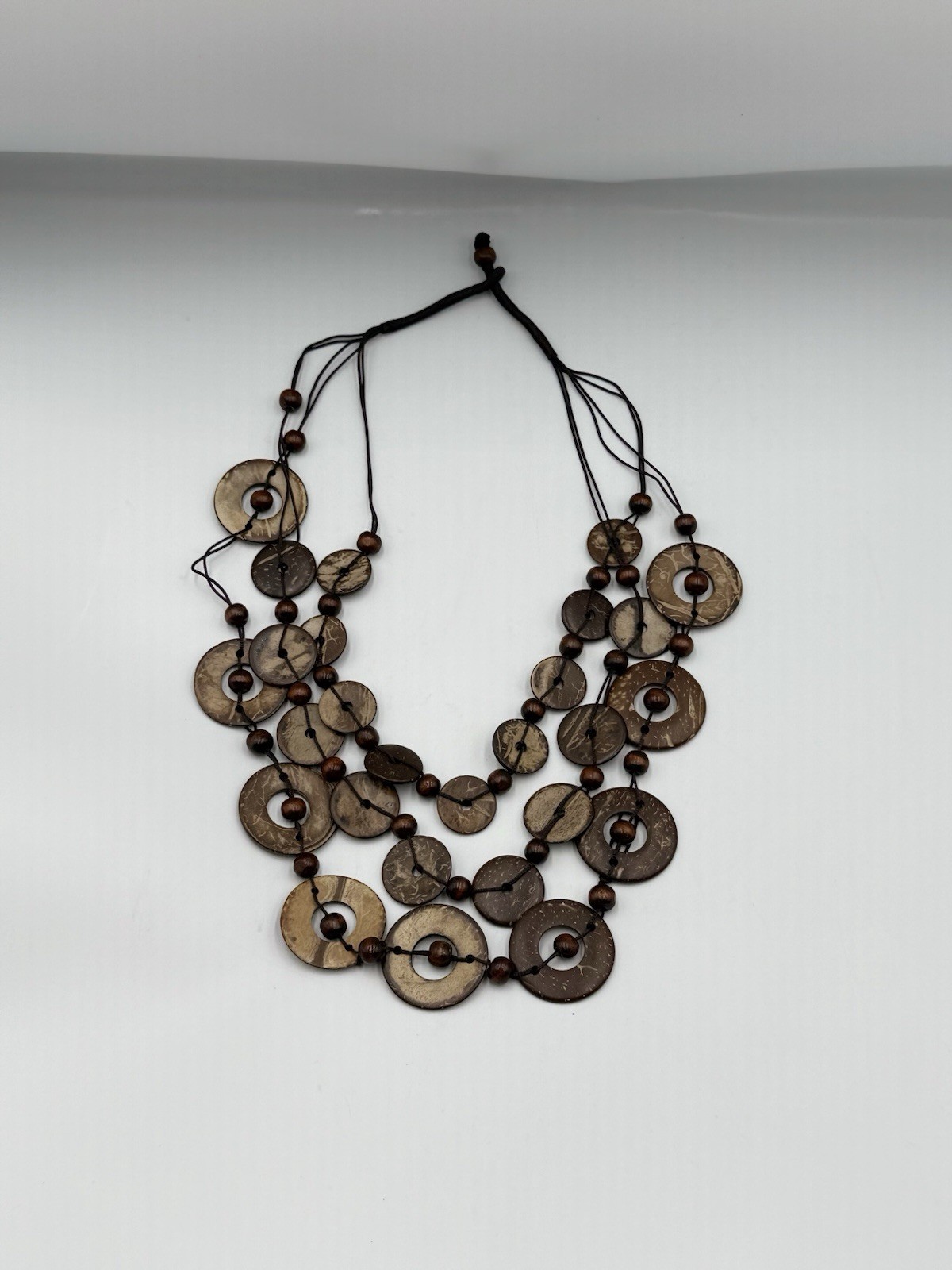 Boho Coconut Shell Statement Necklace Adjustable Layered Wooden Bead