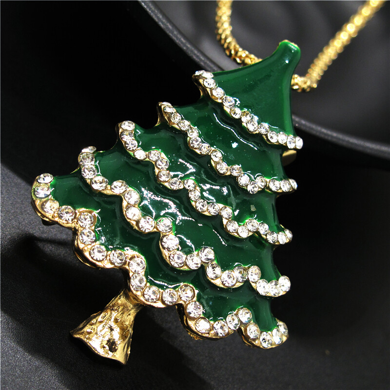 Fashion Women Enamel Green Christmas Tree Rhinestone Pendant Chain Necklace